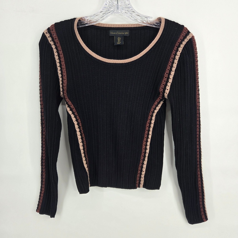 House of Harlow 1960 Ribbed Knit Sweater S Black Boho Eclectic Crochet Trim Top